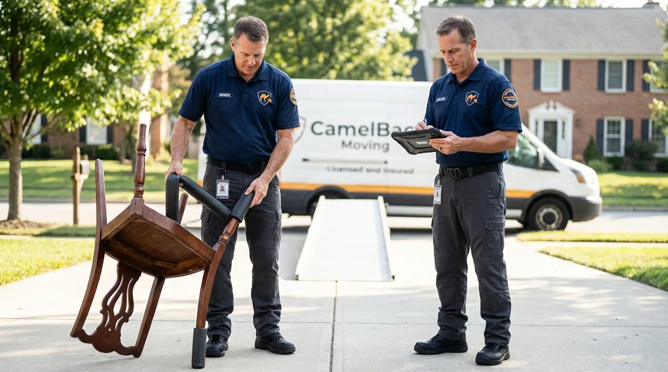 Movers inspecting furniture for damage prevention before loading in Yoncalla, OR