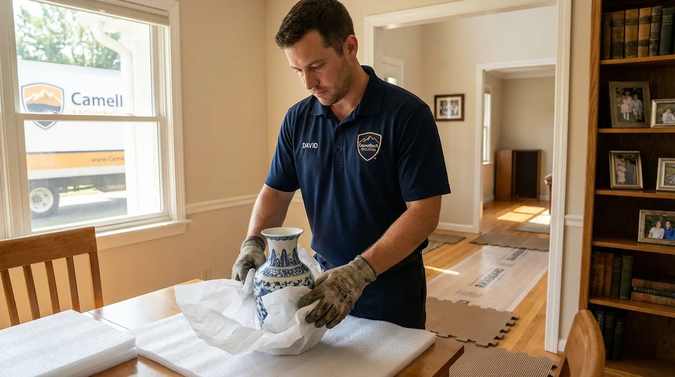 Professional crew carefully wrapping antique vase for senior downsizing move in Yoncalla, OR